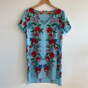 Amanda Uprichard Silk Turquoise Floral V-neck Dress with Belt